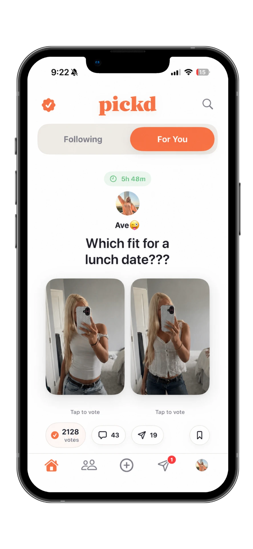 Pickd app feed showing a real style poll from the community